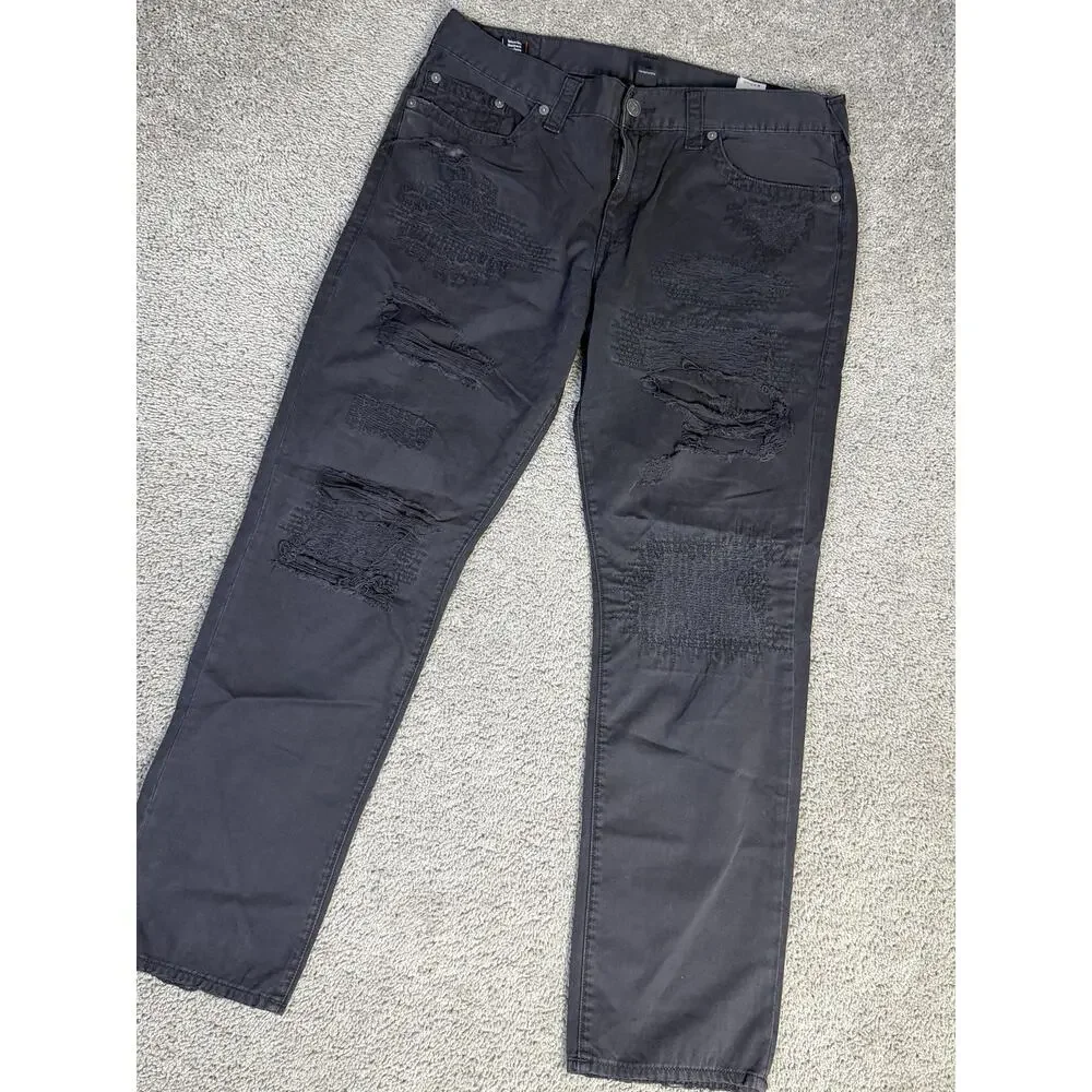 True Religion Jeans Mens 40x33 Black Geno Relaxed Straight Distressed Pockets